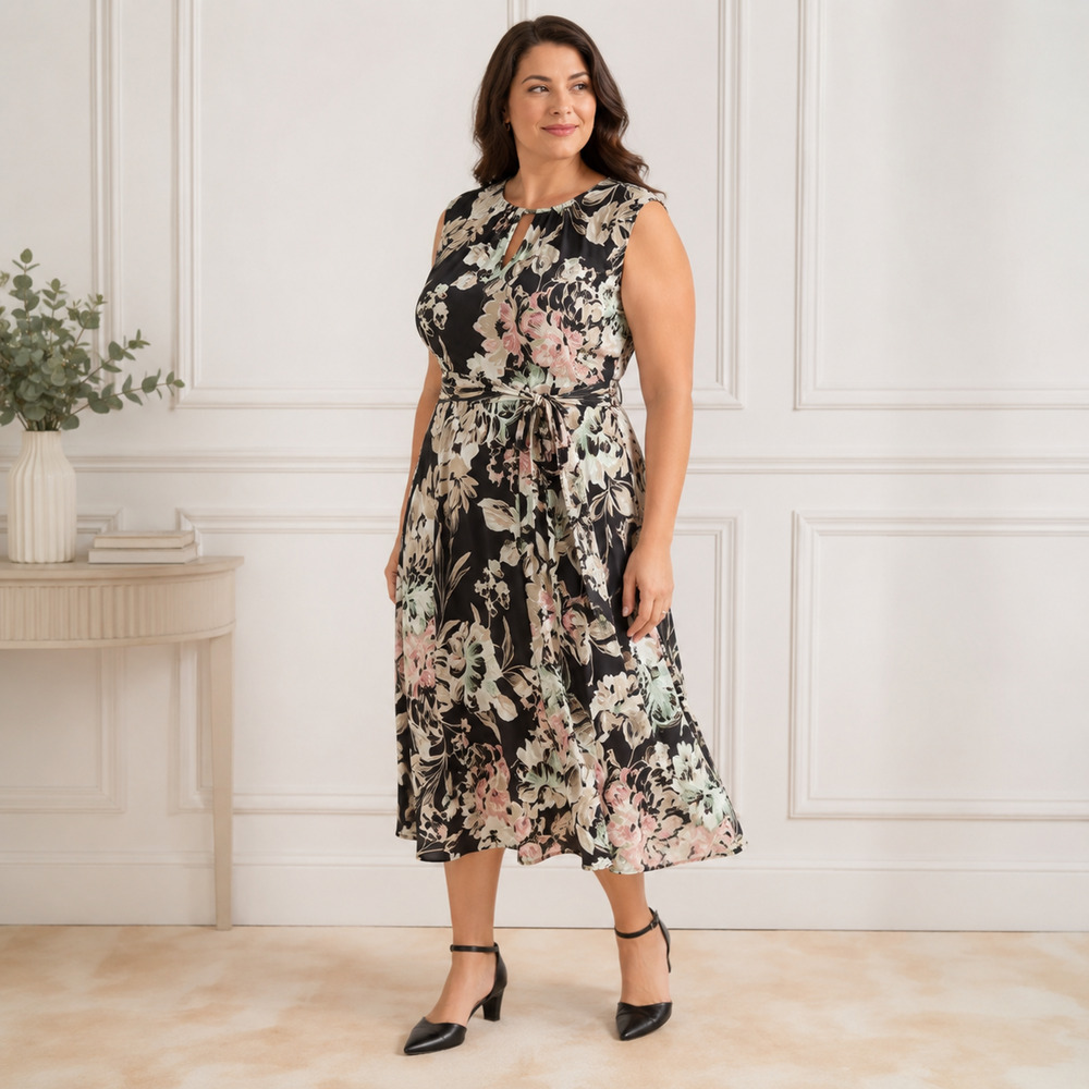 NWT Kasper Floral Pleated Neck Keyhole Midi Dress Size 16 Black Multi - Picture 2 of 7